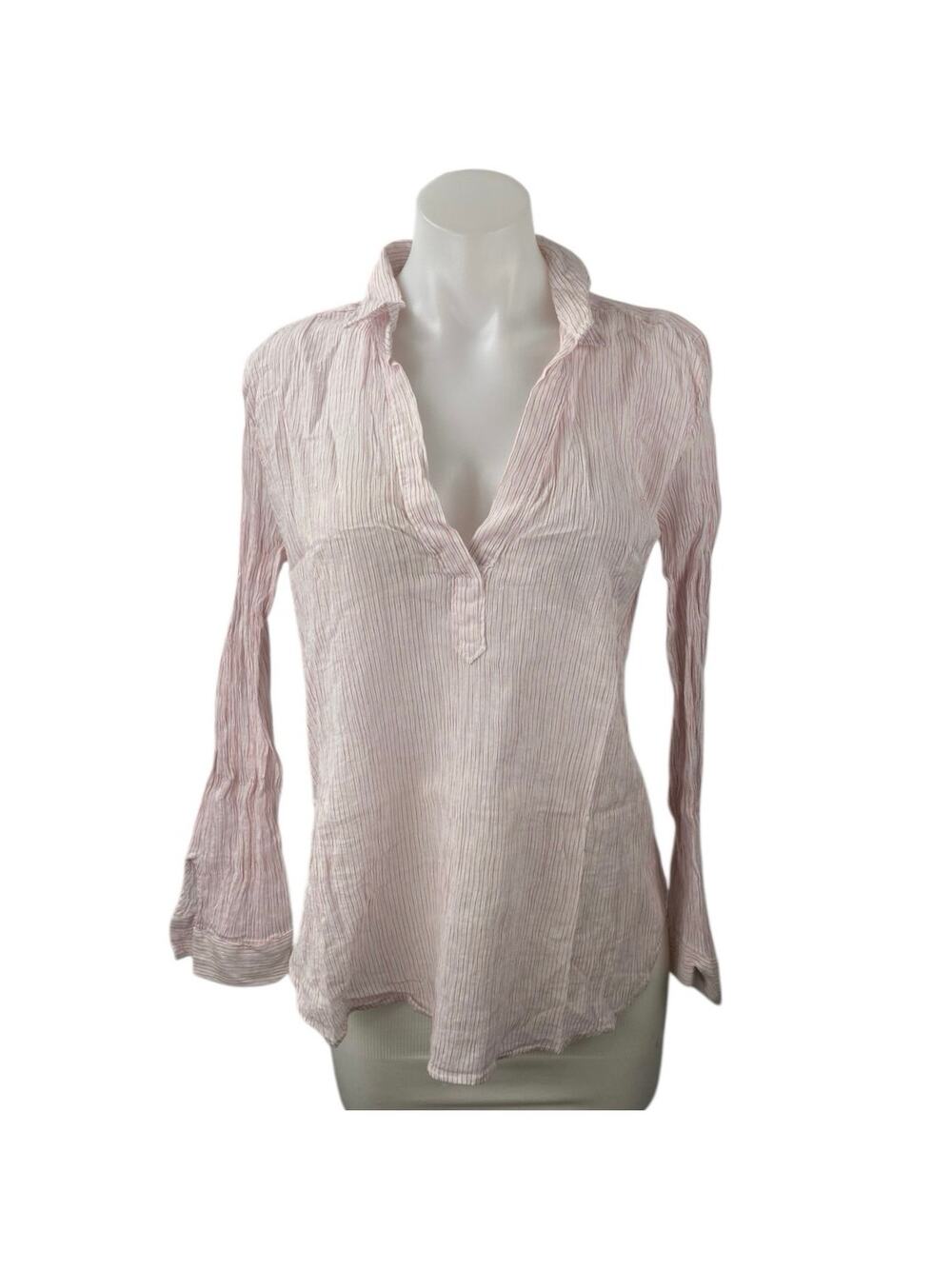 LOFT Womens Pink Striped V-Neck Collar Long Sleeve Sheer Shirt Blouse Top Size M
